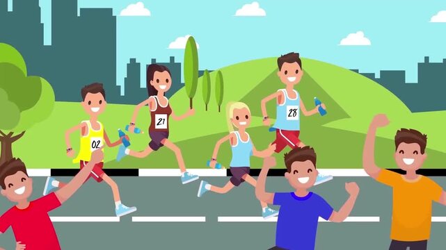 2D Animated City Marathon Event, Diverse Group of Athletes Running on Street Road with Cheering Supporters Crowd, Flat Vector Sport Design