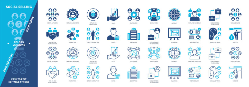 Social Selling icon set. Methodology, Sales, Buyer, Return on investment, Planning, Marketing, Customers, Internet. Duotone color solid and editable outline icons