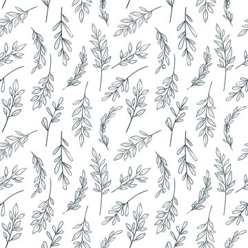 Black and white Seamless Floral Pattern. Olive Branches on the white background. Decorative Ornament. Seamless Texture for Textile, Wallpapers, Backgrounds and Wrapping