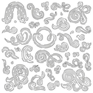 Outline Swirls, spirals, scallops and curls set. Hand drawn line icons on white background. Elegant silhouette design elements for graphic design