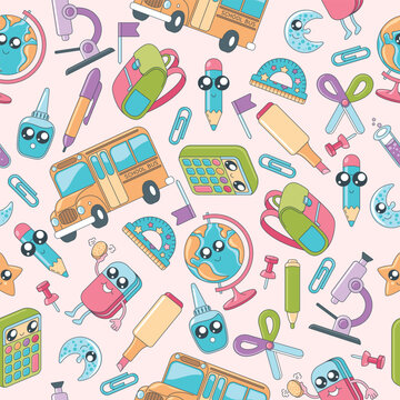 Hand drawn School seamless pattern. Design template school packaging. Colorful icons on pink background