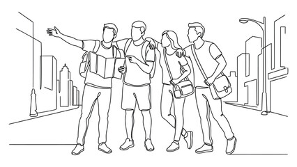 Obraz premium Group of young friends exploring city as tourists