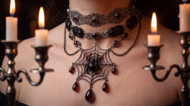 Intricate gothic spiderweb pendant and silver chokers with garnets worn in dark candlelight