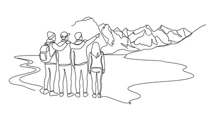 Obraz premium Continuous line drawing of a group of friends hiking and looking at mountains