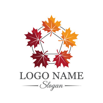 Circular logo featuring five colorful maple leaves in pentagon.
