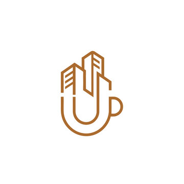 City skyline coffee cup logo with buildings and handle.