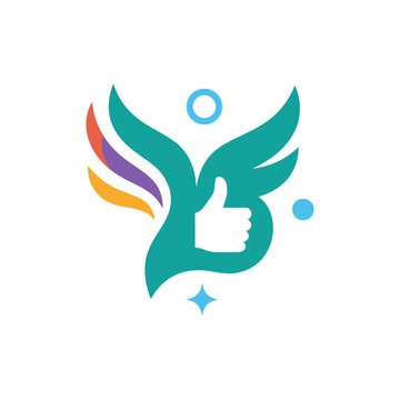 Colorful abstract wing and thumbs up success logo design.