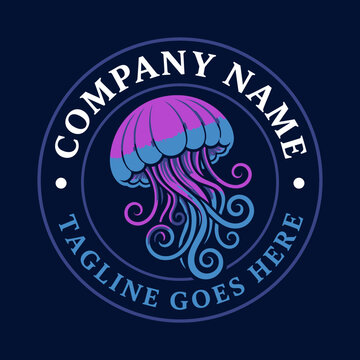 Colorful jellyfish badge logo for marine themed brand.