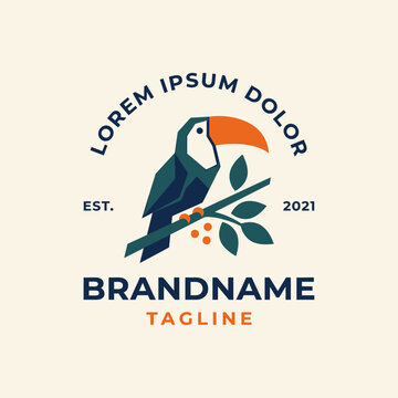 Colorful toucan bird on branch vintage badge logo.