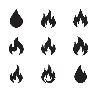 Set of fire and water drop icons representing elements like flame and liquid on transparent background. Transparent vector icons
