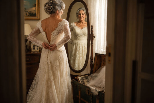 Trying on the dress that started their love story