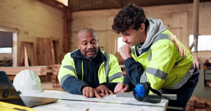 Discussion, men and carpenters with documents in workshop for planning, meeting or furniture production. Collaboration, conversation and team of woodworkers with paperwork for inventory in warehouse