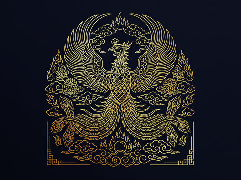 Elegant Korean traditional golden phoenix with flowers and geometric border illustration