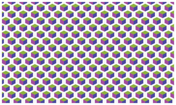Seamless isometric pattern of green, purple, and blue cubes on a white background, 3d block design.