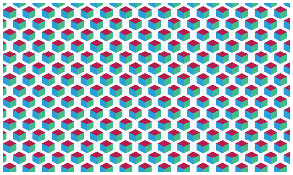 Seamless isometric pattern of green, red, and blue cubes on a white background, 3d block design.