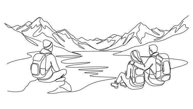 Continuous line drawing of a group of hikers resting with backpacks