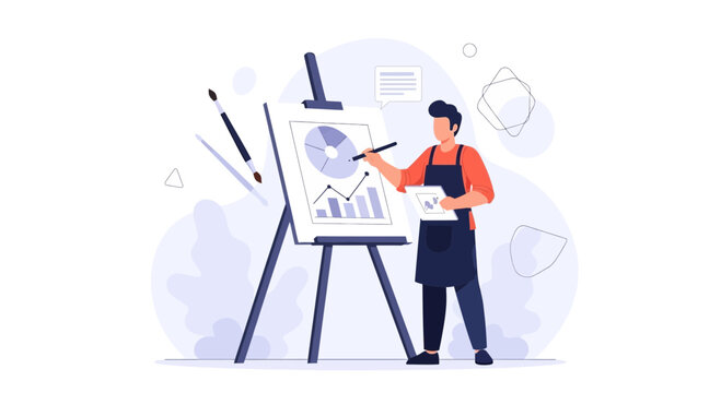 Artist Painting Financial Charts on Easel, Concept of Creative Financial Analysis and Business Strategy