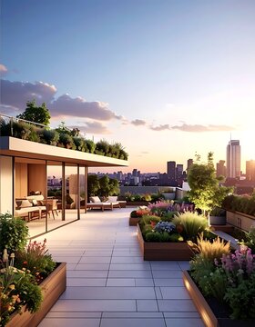 Modern rooftop garden with cityscape view at sunset (1)