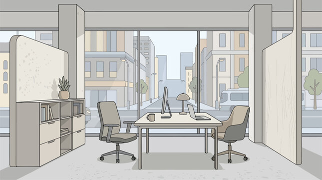 Modern office interior with desks chairs and large windows overlooking city street.
