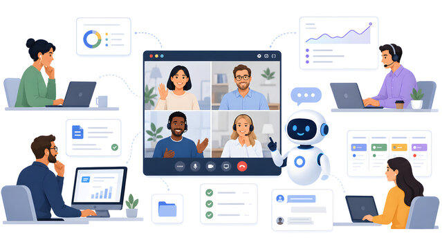Remote business team collaborating with AI assistant during virtual meeting illustration