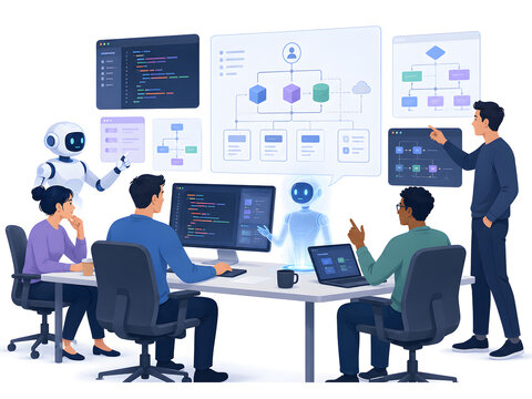 Software developers collaborating with AI assistant technology, programming and automation concept illustration