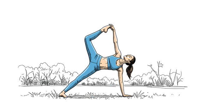 Active young woman practicing yoga and stretching in a challenging balance pose outdoors near a calm lake and trees.