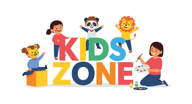 Happy children in colorful animal costumes playing in a dedicated kids zone area while a teacher paints with a palette.