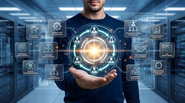 Digital transformation strategy interface showing business process management workflow automation and corporate performance analytics