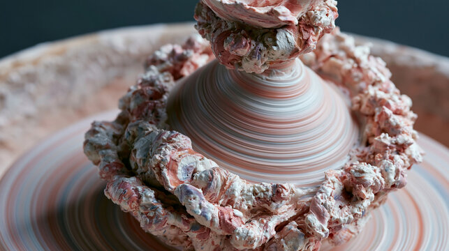 Close-up of a sculpture made of pink and white seashells. the sculpture is in the shape of a spiral, with the top half of the shell being the largest and the bottom half being the smallest.