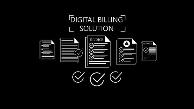 Digital digital billing solution process invoices  and checkmarks symbolizing approval and documentation accuracy Gluon. 4k animation video on black background.