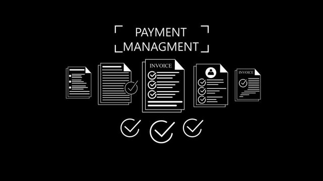 Digital payment management process invoices  and checkmarks symbolizing approval and documentation accuracy Gluon. 4k animation video on black background.