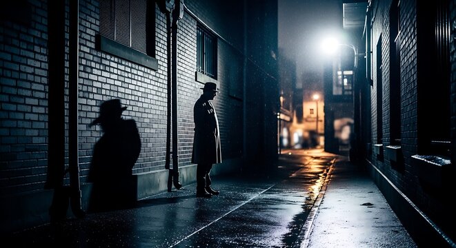 Two men in hats standing in a dark city alley at night isolated on white background