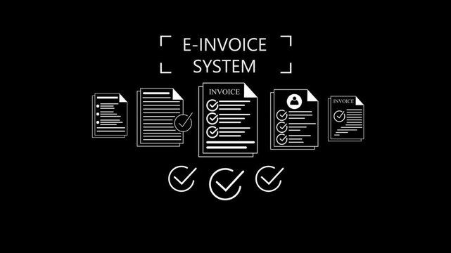 Digital e-invoice system process invoices  and checkmarks symbolizing approval and documentation accuracy Gluon. 4k animation video on black background.