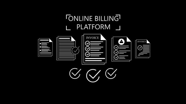 Digital online byline platform process invoices  and checkmarks symbolizing approval and documentation accuracy Gluon. 4k animation video on black background.