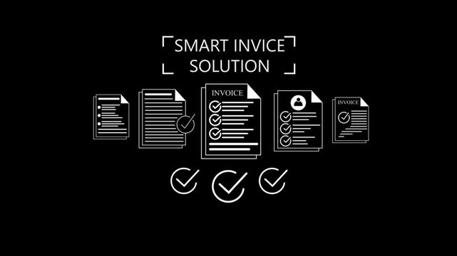 Digital smart invoice solution process invoices  and checkmarks symbolizing approval and documentation accuracy Gluon. 4k animation video on black background.