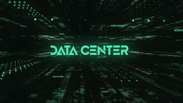Dark green digital tunnel pulses with data streams. Glowing text reads "DATA CENTER" in bold, futuristic font. Circuitry surrounds the sign, hinting at immense computing power