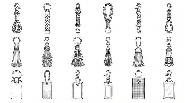 Hand-Drawn Keychain Illustrations: Tassels, Braided Ropes, and Key Tags Vector Set