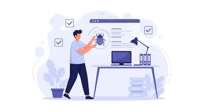 Software developer debugging code, finding a bug in the program, vector illustration. Concept of software testing, quality assurance, and problem solving in IT.