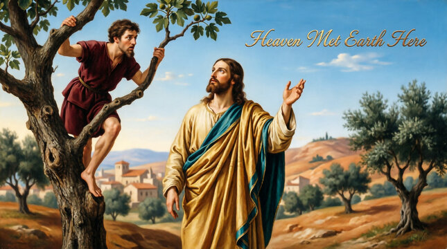 Jesus meets Zacchaeus in Jericho tree, modern art illustration of divine encounter.