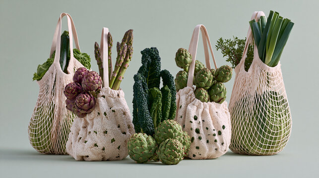 Four bags of different types of vegetables arranged in a row on a light green background. the bags are made of a light-colored fabric with a geometric pattern and have a pink handle.