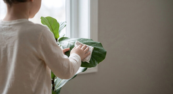 Young child standing by a window gently wiping a large green houseplant leaf with a white cloth