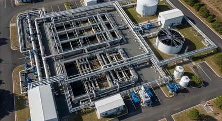 Fototapeta premium Aerial view of a large industrial water treatment facility with complex piping systems and infrastructure