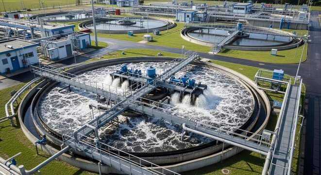 Aerial view of a large industrial wastewater treatment plant with active aeration tanks and complex infrastructure, showcasing a vital environmental process.
