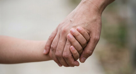 Fototapeta premium Close up of an adult holding a small child hand outdoors with blurred background