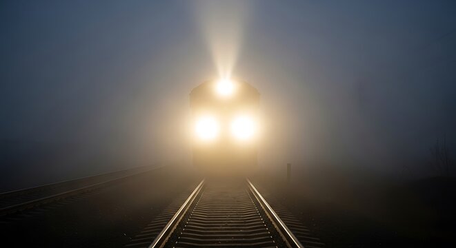 Powerful locomotive headlight piercing through dense fog on railway tracks