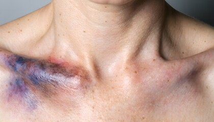 Naklejka premium Clavicle area bruising after impact injury in detailed medical photo view.