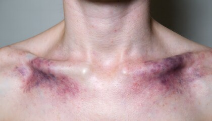 Fototapeta premium Frontal view of painful bruising on collarbone area after impact.