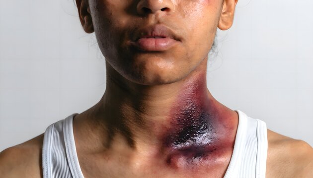 Clavicle area bruising after impact injury in detailed medical photo view.