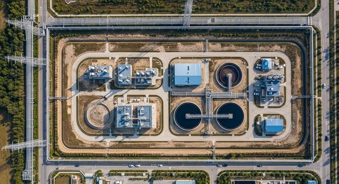 Aerial view of a large-scale industrial wastewater treatment facility showcasing advanced purification infrastructure.