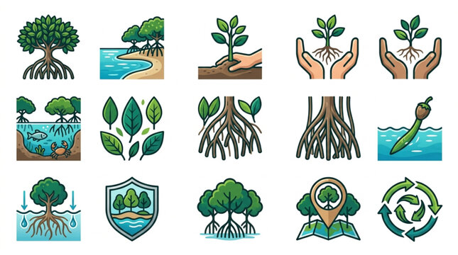 Collection of Mangrove Tree Icons and Illustrations Representing Growth and Environment.